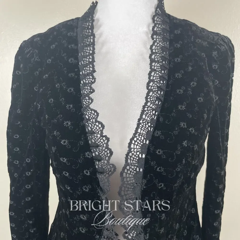 Rare Black Velvet Blazer ASO Lorelia Gilmore Girls Velvet Tie Front Lace Trim - Picture 12 of 13